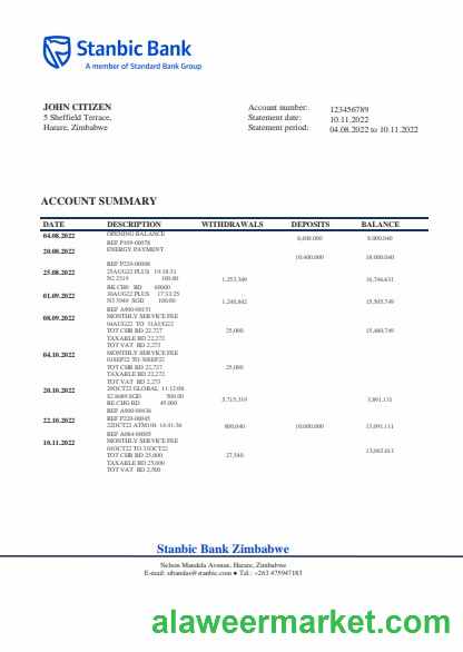 Zimbabwe Stanbic Bank statement template in Word and PDF format